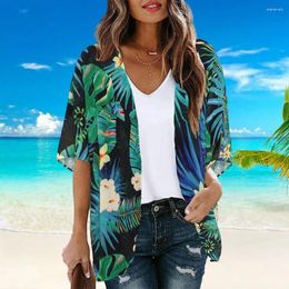Women Beach Cover Up Flower Print Short Sleeve Open Stitch Beachwear Sun Protection Anti-UV Loose Lady Top