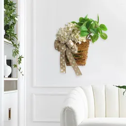Decorative Flowers Artificial Hydrangea Rattan Basket Elegant Flower With Bowknot Indoor Outdoor Wall Hanging For Summer