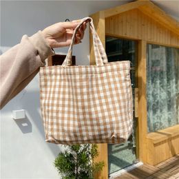 Portable Lunch Bag Japanese Plaid Cotton Picnic Food Women Simple Small Tote Korean Style Children Bags Kids 240424