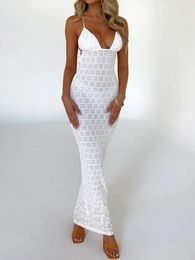 Casual Dresses Mesh See Through Lace Long Dress Sexy Sleeveless Split Hem Solid Color Cocktail Party Wrapped Sling