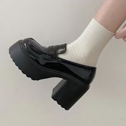 Super High Heels Loafers Women Spring Patent Leather Chunky Platform Pumps Woman Slip On Black Jk Uniform Shoes Mary Janes 240418