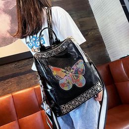 School Bags 2024 Fashion Genuine Leather Backpacks Women Rhinestone Butterfly Bag Pack Large Capacity Mochila Travel