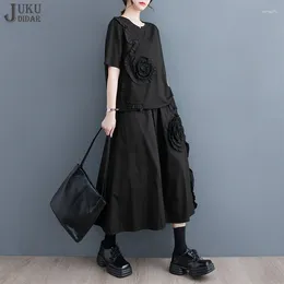 Work Dresses Tie Flowers Joined Summer Japanese Style Woman Black Two Piece Set A-Line Skirt Oversized Top Loose Fit Casual Wear JJSE019
