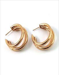 Japane korean Europe and America Cold wind Simple girls three tier layer chunky 14k gold filled hoop earrings3278506
