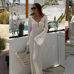 2024 Knitted Cover Up Beach Elegant Solid Sexy See Through Bodycon Maxi Dress Flared Long Sleeves Bikinis Cover-ups For Women240416