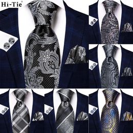 Bow Ties Hi-Tie White Grey Floral 2024 Mens Tie Hanky Cufflink Set Silk Necktie For Men Wedding Party Business Fashion Brand