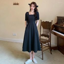 Party Dresses French Retro Hepburn Style Long Skirt Square Collar Bubble Sleeves Closed Waist Slimming Dress Women's