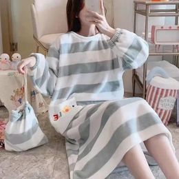 Women's Sleepwear Long Womens Striped Sleeve Night Pajamas One Piece Winter Warm Embroidery Wear Nightgown Dress Korean Fleece Home 2024