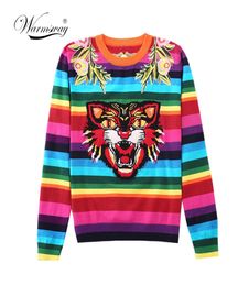 Brand Design Tiger Jacquard Rainbow Colour Striped Jumper Winter Spring Letter Embroidery Women Sweater Pullover Knit Top C349 2013867361