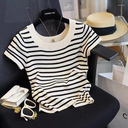 Women's T Shirts Black White Striped Short Sleeve T-shirt Summer Thin Elastic Slim Fit Tees 2024 Casual O-neck Ice Silk Knitted Top