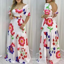 Work Dresses Sexy Elegant Printed White Floral Half Skirt Set 2 Pieces With Waistband Womens Two Piece Sets Outfit Fashion 2024 Summer