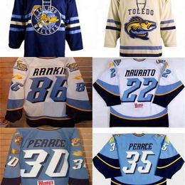 CeoThr Toledo Walleye 22 Naurato 30 Pearce 35 Pearce 86 Evan Rankin 100% Embroidery Custom any name or number Mens Womens Youth Hockey Jersey