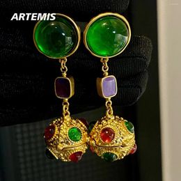 Dangle Earrings Vintage Europe America Coloured Gemstone Gold Ball Pendant Woman Top Quality Luxury Collectible Jewellery Trend