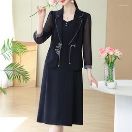 Work Dresses Woman Skirt Suit Spring/summer Solid Colour Dress Embroidery Jacket Single Button Ladies Clothes Knee Length Two Piece Set