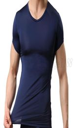 Whole WOXUAN Mens Tank Tops undershirts gay nylon ice silk sheer short sleeve shirts male sexy navy blue t shirts2220464