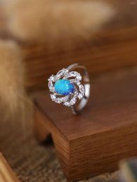 Cluster Rings Daisy Shape 925 Silver Women's Ring Inlaid With Zircon And Blue Opal Exaggerate Size For Trendy Style Need