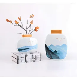Bottles Painted Ceramic Jar Decorative Storage Tank Landscape Ink Painting Dried Flower Arranging Device Crafts Home Decorations