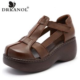 DRKANOL Fashion Retro Summer Shoes Women Wedges Sandals Handmade Genuine Leather Hollow Platform Casual Sandals Female Black 240429