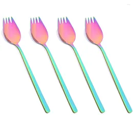 Forks 4Pcs Fork Spoon Stainless Steel Ice Cream Salad Dessert Tableware Cake Snack 2 In 1 Colourful Bento Accessories