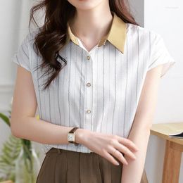 Women's Polos Summer 2024 KPOP Fashion Style Simplicity Striped Knitting Tops Sweet V Neck Short Sleeve Y2K Elegant Women' Clothes