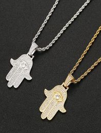 Iced Zircon Hamsa Hand Pendant Copper Material Gold Silver Fatima Palm Necklace Hip Hop Jewellery For Men Women6695113