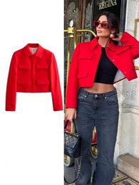 Women's Jackets Lapel Pocket Red For Women 2024 Spring Long Sleeve Single-breasted Casual Cropped Coat Office Lady Commuting Tops Mujer