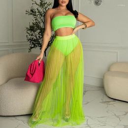 Work Dresses BKLD Sexy Vacation Beach Outfits For Women 2024 Summer See-through Mesh 3 Piece Set Tube Top And Long Pleated Skirt With