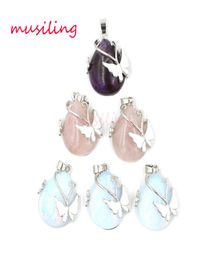 Water Drop Butterfly Pendants Necklace Chain Natural Stone Jewellery Pendulum Silver Plated Charms Amulet European Fashion Jewellery F6182041