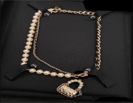 Luxury jewelry Autumn winter Necklace NEW Black Leather pearl bag Necklace Fashion ol popular versatile sweater chain2465165