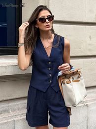 Mnealways18 Navy Blue Cotton Linen Shorts Suits 2 Pieces Casual Sets Women Blazers Vest And Pockets Summer Two Piece 240429