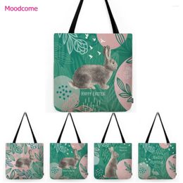 Storage Bags Hello Spring Happy Easter Cute Green Lovely Water Resistant Cotton Linen Shoulder Bag Shopper Canvas Tote