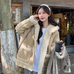 Women's Fur Winter Hooded Leather Integrated Suede Coat Imitation Lamb Hair Casual Slim Fragrant