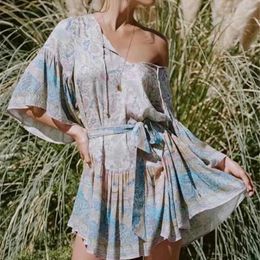 Party Dresses Happie Queens Women Floral Print Tie Neck Bohemian Mini Dress Ladies Batwing Sleeve Beach Boho Vestidos