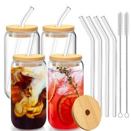 Glass Cup With Straw and Bamboo Lid Transparent Bubble Tea Cold Drinking Glasses Iced Coffee Mug Beer Can Juice Milk 240429