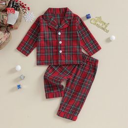 Christmas Kids Girls Boys Pyjamas Set Loungewear Suit Plaid Button up Long Sleeve Shirt and Elastic Pants 2PCS Toddler Sleepwear 240420