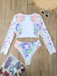 Women's Swimwear 2024 Surf Swimsuit Long Sleeve Floral Printed High Waist Women Two Piece Rashguard Diving Clothes Bathing Swimming Suit