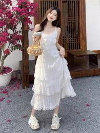 Casual Dresses Women's Lace Patchwork White Sling Dress Summer Seaside Vacation Style French Long Strap Vesytidos Fairy Sweet Cake