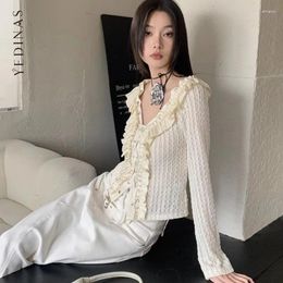 Women's Blouses Yedinas Fairycore Style Lace Up Blouse Women Clothes Long Sleeve Apricot 2024 Spring Shirt Ladies Tops Korean Fashion Y2k
