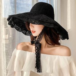 Fashion Women Summer Hat Ladies Solid Lace Wide Brim Sun Hat Bucket Cap Female Elegant Packable Panama Beach Hat 240425