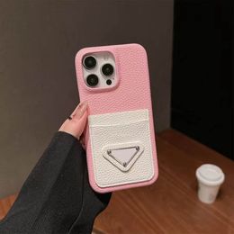 Designer Card Holder Pocket Phone Case for Apple iPhone 15 Pro Max 14 Plus 13 12 11 Luxury Litchi Pebbled PU Leather Lens Bump Hard Shell Back Cover Coque Fundas Pink