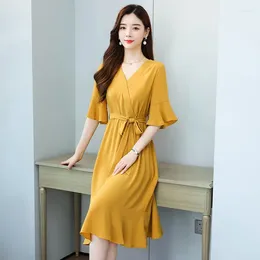 Party Dresses Yellow Summer Woman Solid Elegant Skirt Of Women Tunics SEXI DRESS V-neck 3XL Withwaistband Flare Sleeve Silk