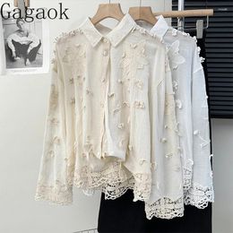 Women's Blouses Gagaok Sweet Gentle Embroidered Three-dimensional Flower Shirt Women 2024 Fashion Irregular Lace Patchwork Top