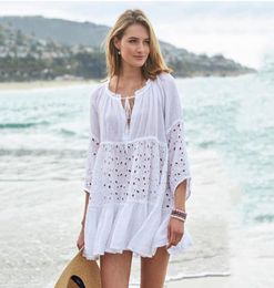 Women Swimsuit Cover Ups 34 Sleeve Beach Tunic Dress Solid White Beach Coverups Loose Elegant Dress19793522