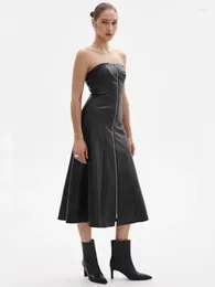 Casual Dresses Women Black Matte Leather A-Line Midi Ladies Sleeveless Elegant Stretch Slim PU Front Zip Open Long Dress Party Custom