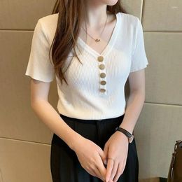 Women's T Shirts V Neck Ice Silk Short Sleeve Shirt For Summer Solid Slim Knitting Bottoming Tops Fashion Korean Women Clothing