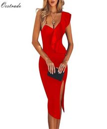 Ocstrade New Arrival Women One Shoulder Bandage Dress Elegant Ruffles Red Bandage Dress Bodycon Sexy Party Night Club Dress 2103112005049