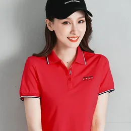 Women's T Shirts Women Short Sleeve Shirt %95 Cotton 2024 Summer POLO Female Fashion Sports Tops Turn-down Collar Red Pink