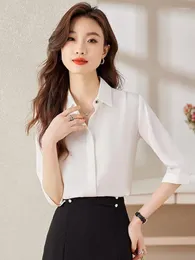 Women's Blouses Summer White Elegant Women Commuter Single Breasted Shirt Tops Blue Lapel 7-point Sleeve Professional Casual Simplicity