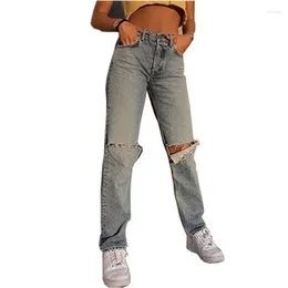 Women's Jeans Ripped Women Cargo Straight Leg Long Pants Ladies Light Blue Fashion Loose High Waist Vintage Baggy Denim 6303