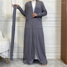 Ethnic Clothing Autumn Winter Muslim Dress Knitted Abaya Dubai Long Sleeves Pocket Cardigan Sweater Robes Abayas For Women Femme Caftan